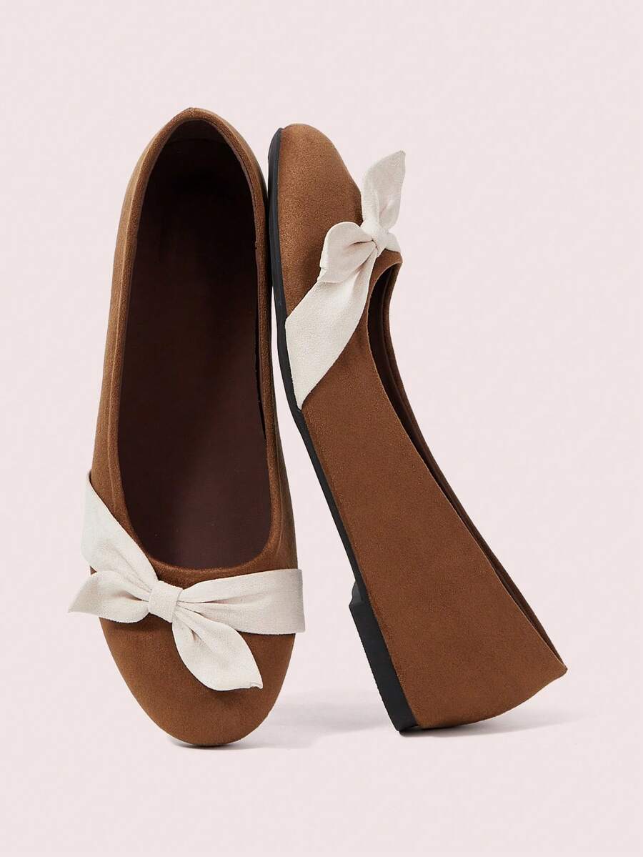 CUCCOO DOLLMOD Retro Contrasting Color Bow Suede Ballet Flats, Daily Versatile Gentle Style Commuter Women's Shoes - Rust Brown - View 1