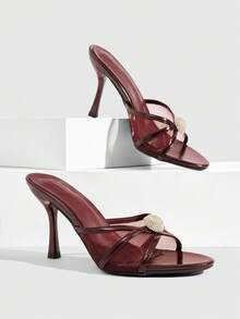 CUCCOO SZL Women's Metallic Gold Toe High-Heeled Sandals, T-Shaped Fringed Rhinestone Adjustable Buckle Rear Strap Party Women's Shoes - Burgundy - View 1