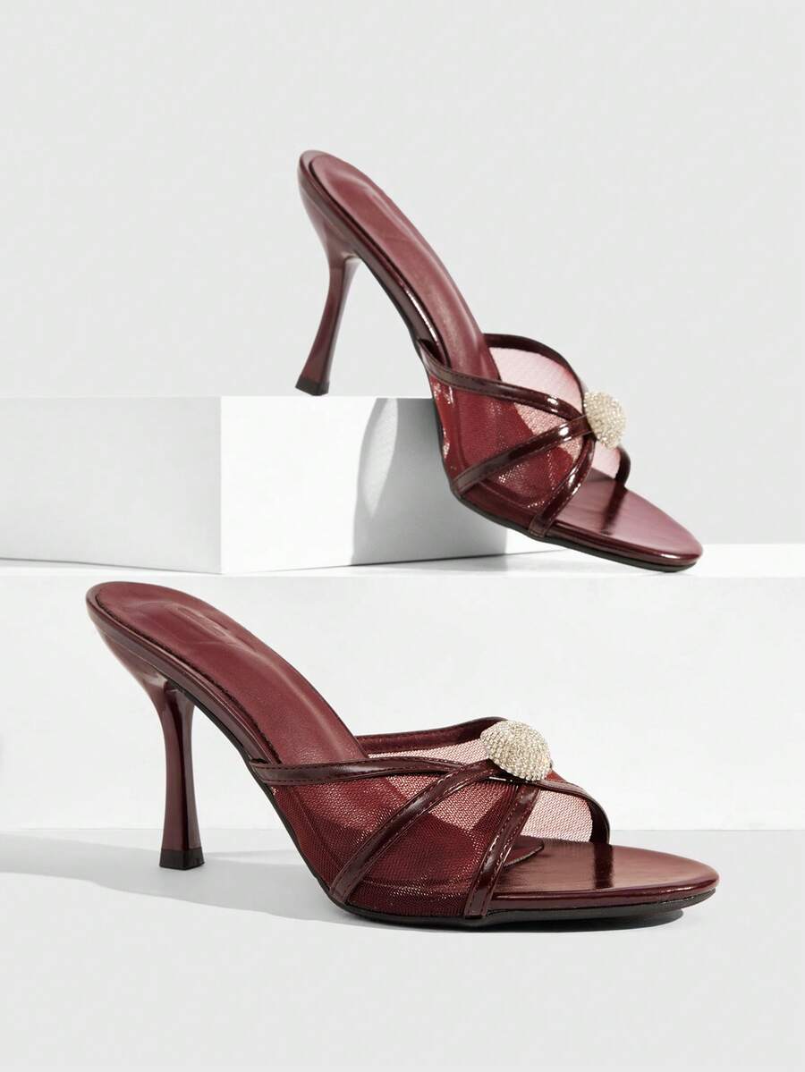 CUCCOO SZL Women's Metallic Gold Toe High-Heeled Sandals, T-Shaped Fringed Rhinestone Adjustable Buckle Rear Strap Party Women's Shoes - Burgundy - View 1