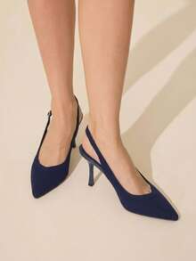 CUCCOO BASICS Women's Fashion Pointed V-Cut Fabric Woven Surface. Side Up To Buckle Empty Shoes. Painted High Heels, Breathable Mesh Comfortable. Suitable For Festive Fall Shoes - Navy Blue - View 2