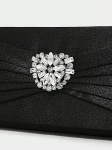 SHECARRY Ladies' Fashion Black Satin Pleated Hard Shell Clutch Bag, Exquisite Flower Rhinestone Buckle, For Parties, Dinners, Weddings, Dress Matching - Black - View 7