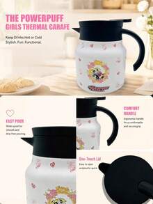 THE POWERPUFF GIRLS X SHEIN 1PC 800ml 1000ml 304 Stainless Steel Long Heat Cold Retention Dust Cover Anti Slip Bottom Lightweight Reusable Pink Heart Character Pattern Thermal Kettle For Commute Hiking Picnic Daily Universal Trending Hydration Container - Multicolor - View 7