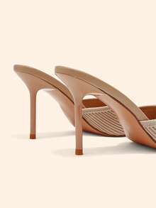 CUCCOO BASICS Women's Fashion Sexy Round Toe Woven Striped Fabric Basic Slippers, High Heels Lacquered Cone Heels. Light And Slouchy Mules Shoes. Suitable - Khaki - View 5