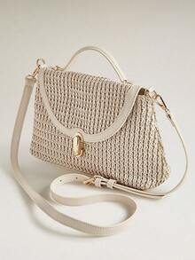 Wovira Ladies Fashion Beige Handbag, Exquisite Hollow Weaving Craft Flip Commuter Bag For Daily, Commuter, Vacation, Travel, Bohemian - Beige - View 2