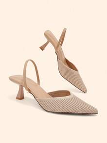 CUCCOO BASICS Women's Pointed Kitten Heel Apricot Knitted V-Mouth Striped Rear Elastic Band Women's Rear Empty Single Shoes Daily Commuting Elegant Breathable High - Khaki - View 3