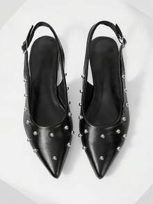 Mnmlis Women's Silver Rivet Pointed Toe Backless Flat Shoes With Adjustable Buckle Straps Retro Vacation Versatile Flat Loafers - Black - View 1