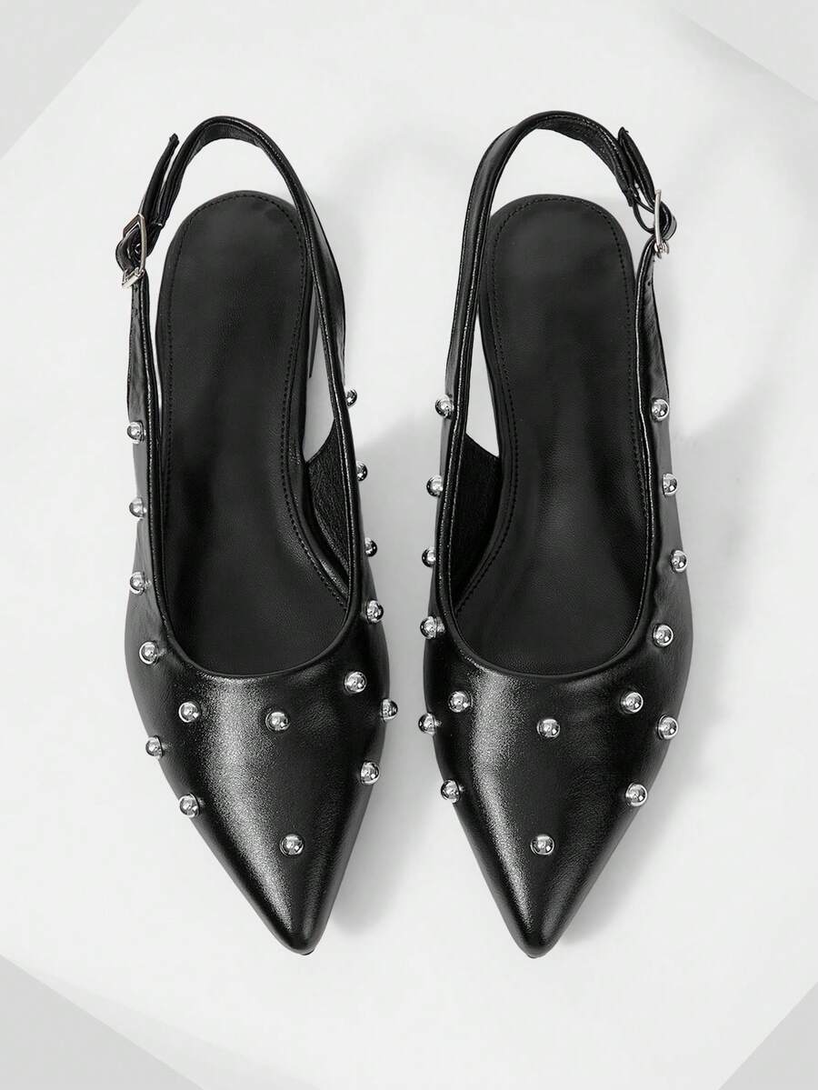 Mnmlis Women's Silver Rivet Pointed Toe Backless Flat Shoes With Adjustable Buckle Straps Retro Vacation Versatile Flat Loafers - Black - View 1