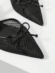 Mnmlis French Mesh Bow Pointed Back Empty Sandals, Stiletto Kitten And Buckle Breathable High Heels Women - Black - View 3