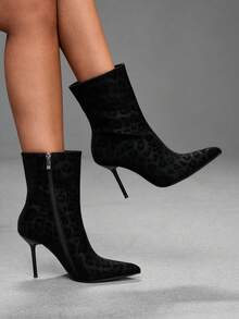 CUCCOO SZL Leopard Print Pointed-Toed Thin-Heeled Short Boots For Women, Rear Zipper High-Heeled Slim Ankle Boots - Black leopard print booties - View 1