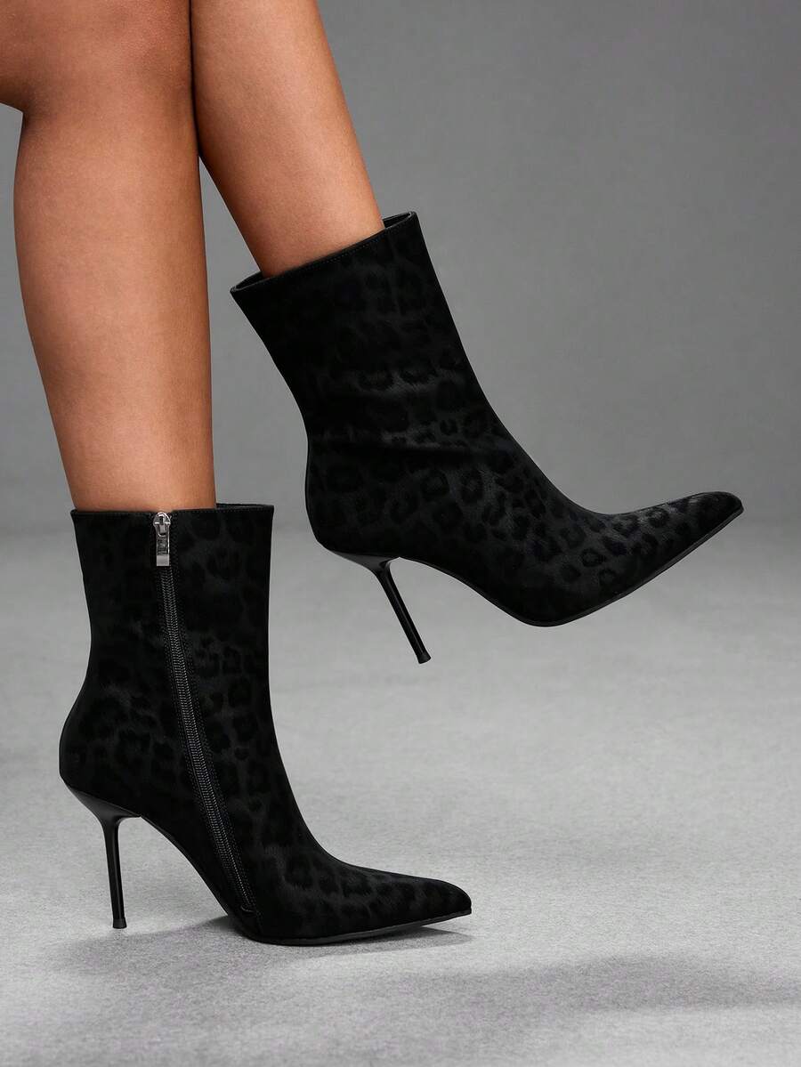 CUCCOO SZL Leopard Print Pointed-Toed Thin-Heeled Short Boots For Women, Rear Zipper High-Heeled Slim Ankle Boots - Black leopard print booties - View 1