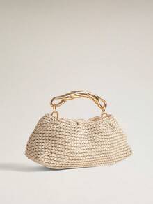 Wovira Ladies Fashion Light Apricot Handbag, Exquisite Hardware Handheld, Vintage Hollow Weave, For Daily, Commuting, Shopping, Vacation, Travel, Bohemian - Apricot - View 3