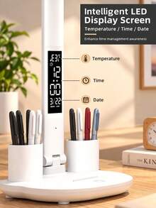 Dual‑Head LED Desk Lamp With Pen Holder Digital Clock Temperature Display Foldable Rechargeable Study Reading Table Lamp Home Office Dorm Decor - multicolor - View 2