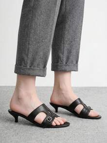 CUCCOO BIZCHIC Black Belt Buckle Hollow Kitten And Sandals, Women's Simple Commuting Slippers - Black - View 5