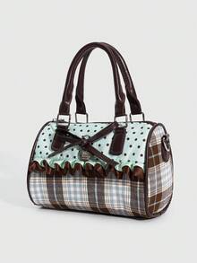 ROMWE 1 Piece Retro Star Polka Dot Handbag, Bow Love Pendant, Lace Decorative Cylinder Bag. - cyan - View 3