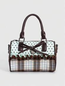 ROMWE 1 Piece Retro Star Polka Dot Handbag, Bow Love Pendant, Lace Decorative Cylinder Bag. - cyan - View 10