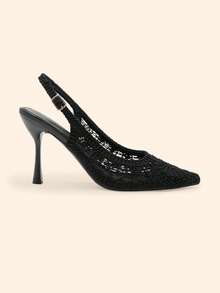 CUCCOO BASICS Spring And Summer Lace Woven Closed Toe Sandals Women's French Pointed Toe Thin Heel Empty Elegant Commuter Shoes - Black - View 6