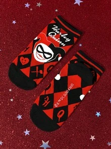 Harley Quinn X SHEIN 2雙女款卡通與字母圖案短襪 - 紅黑 - 查看 6
