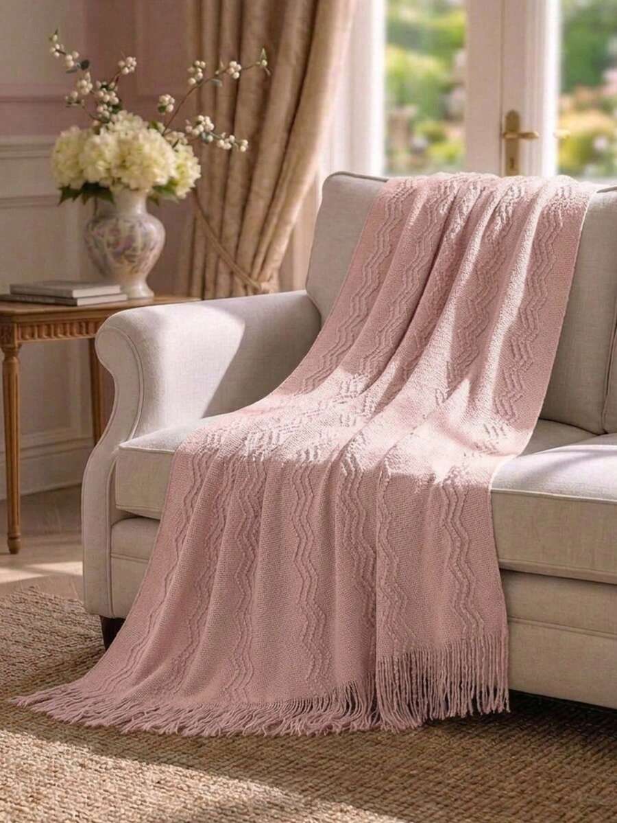 Cirelle Cozy Knitted Throw Blanket For Couch Sofa, Pink Decorative Blanket With Fringe Tassels, Texture Cable Knit Wave Pattern Throw For Chair Bed Living Room, Soft Light Weight Warm Decorative Home Decor - Pink - View 1