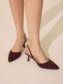 CUCCOO BASICS Women's Fashion And Sexy Pointed Toe Round Vamp Rear Empty Weave. Fabric Fabric Elastic Slingback High Heel Shoes - Burgundy plain weave - View 2