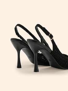 CUCCOO BASICS Spring And Summer Lace Woven Closed Toe Sandals Women's French Pointed Toe Thin Heel Empty Elegant Commuter Shoes - Black - View 8