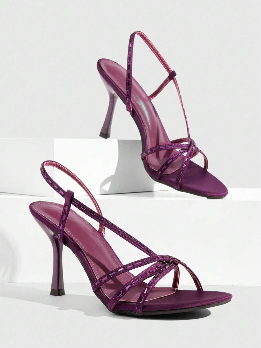 CUCCOO SZL Purple Satin Rhinestone Crossed Strap High-Heeled Sandals, Women's Light Luxury Rear Strap Open-Toed Round Toe High-Heeled Shoes - Purple - View 1