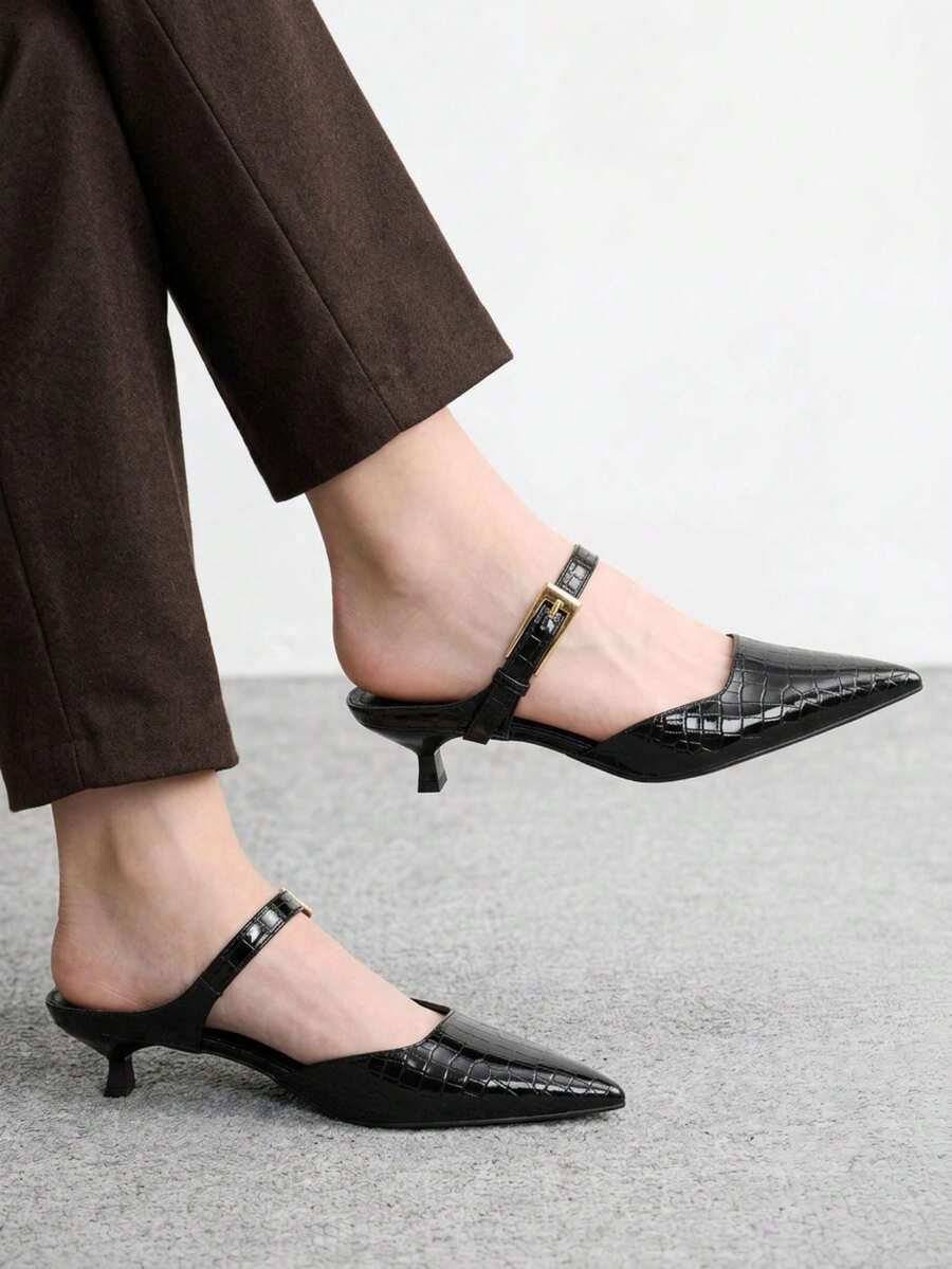 CUCCOO BIZCHIC Women's Pointed Toe Black Kitten Heel Pumps, Versatile Daily Work Commute High Heel Slip-On Shoes Kitten Heels Fall Shoes - Black stone pattern - View 1