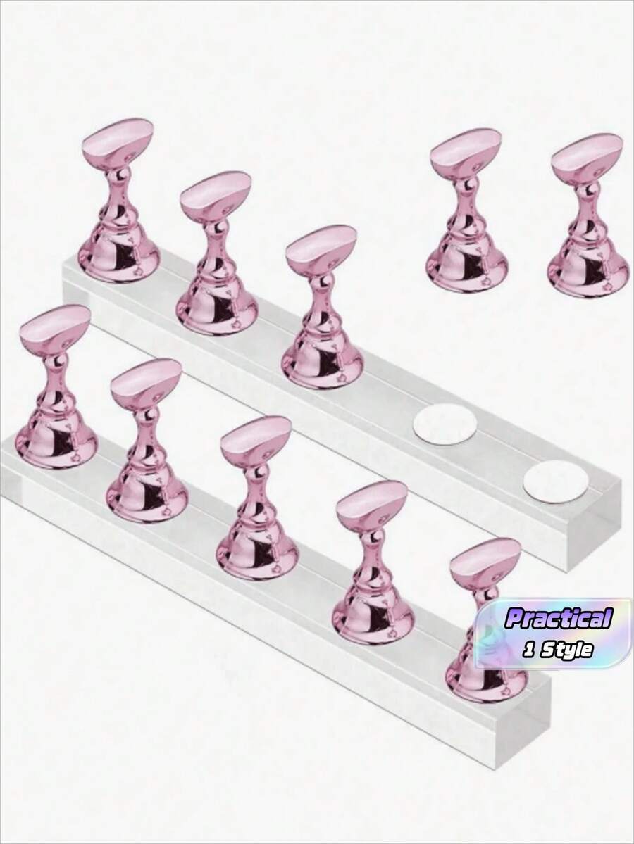 Y2k 12-Piece Gold Pink Nail Art Display Set, Includes 2 Acrylic Base And 10 Training Holders, Suitable For Nail Art Display, Training, And Diy Home Nail Art For Beginners - Multicolor - View 1