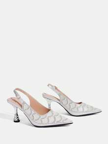 CUCCOO TILAWA Pearl Decoration Silver Sparkling Rhinestone Elegant Temperament Sexy Pointed Women's High Heels - Exquisite Design With Buckle, Using The Design Of T - Silver - View 10