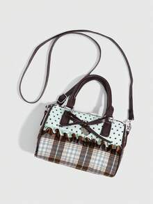 ROMWE 1 Piece Retro Star Polka Dot Handbag, Bow Love Pendant, Lace Decorative Cylinder Bag. - cyan - View 8