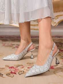 CUCCOO TILAWA Pearl Decoration Silver Sparkling Rhinestone Elegant Temperament Sexy Pointed Women's High Heels - Exquisite Design With Buckle, Using The Design Of T - Silver - View 6