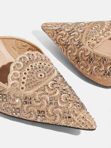 CUCCOO TILAWA Champagne Embroidery Pattern Elegant Sexy Pointed Women's High Heels - Exquisite And Fashionable Design, With A Pedal Design Stiletto Women - Champagne - View 5