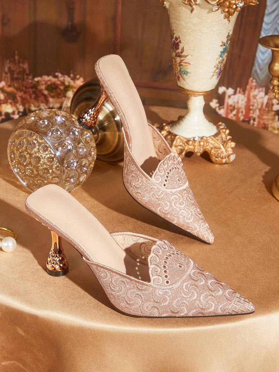 CUCCOO TILAWA Embroidery Gold Sparkling Rhinestone Elegant Elegant Sexy Pointed Women's High Heels - Slip-On Exquisite Design - Gold - View 1
