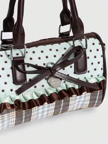 ROMWE 1 Piece Retro Star Polka Dot Handbag, Bow Love Pendant, Lace Decorative Cylinder Bag. - cyan - View 5