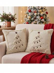 Cirelle 1pc/2pcs Christmas Tree Throw Pillow Covers, Soft Plush Decorative Cushion Covers With Tufted Embroidered Star, Cozy Holiday Pillow Case For Sofa Living Room Home Decor (No Insert) - Beige - View 4