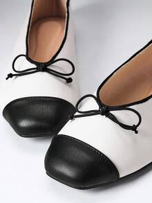 SHEIN SHUZIA Women Color‑Block Ballet Flats, Square Toe Bow Decor Contrast Toe Cap Slip‑On Casual Ballerina Shoes - Black and White - View 9