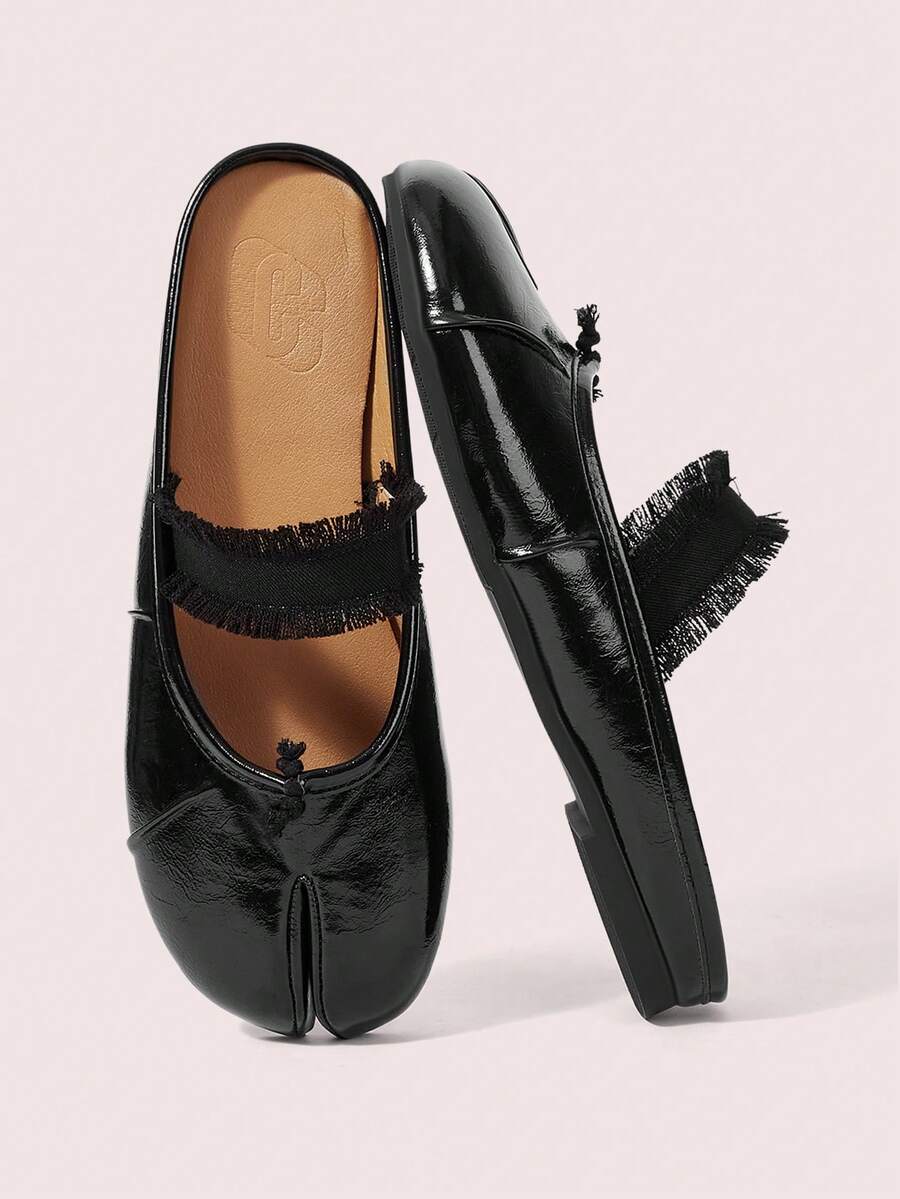 CUCCOO DOLLMOD Women's Fringe Trim Strap Split‑Toe Tabi Backless Slip‑On Flat Mule Slippers Black Fall Shoes - Black - View 1