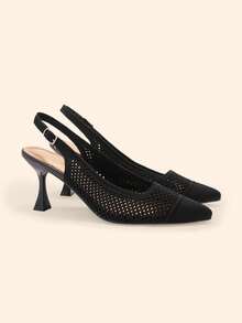 CUCCOO BASICS Flying Woven Mesh Hollow Breathable Pointed Thin Heel Versatile Simple Commute Empty High Heels - Black - View 3