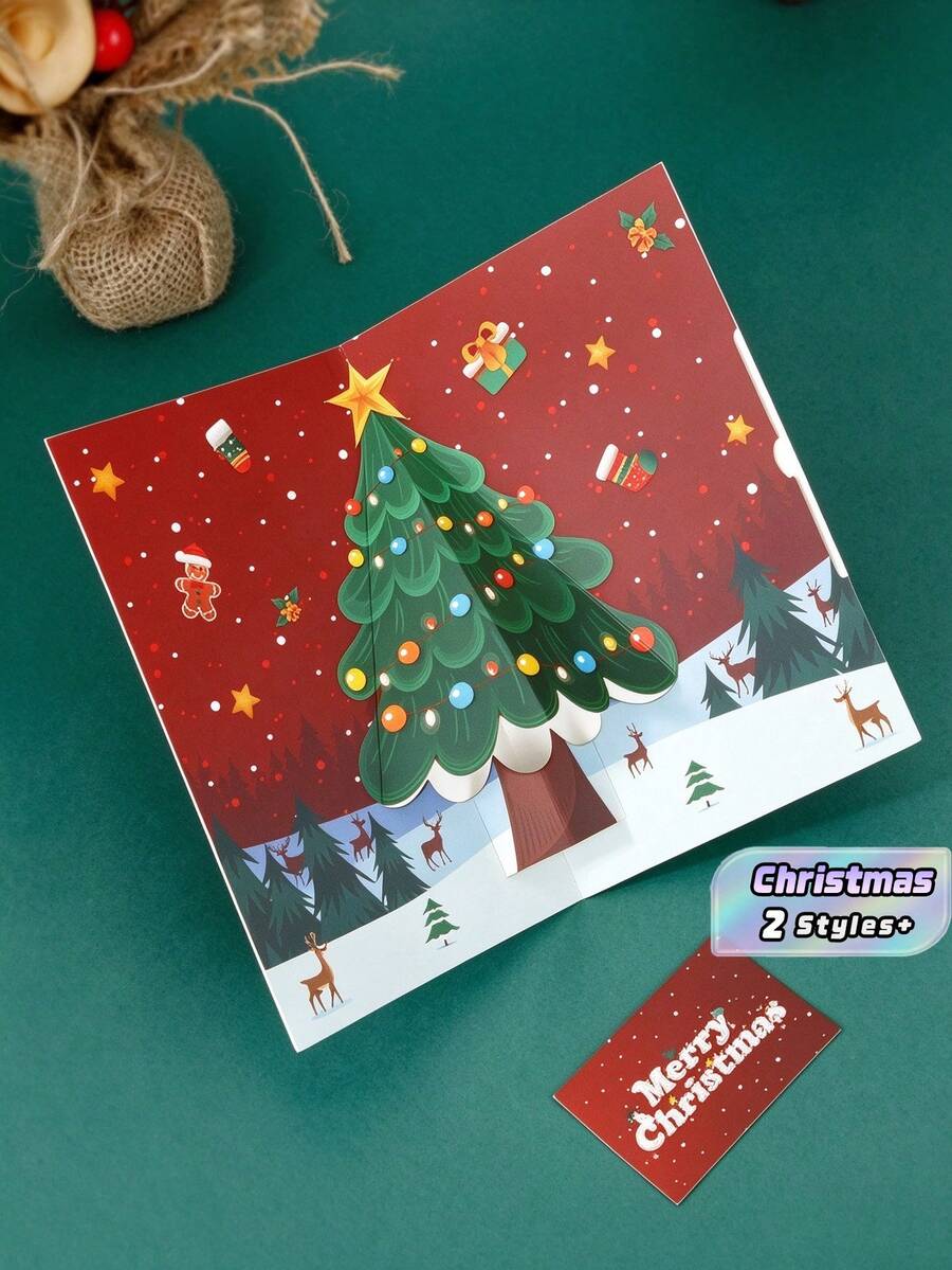 3D Pop‑Up Christmas Greeting Card, Cartoon Christmas Tree Message Card, Christmas Eve Gift, Corporate Blessing Card - multicolor - View 1