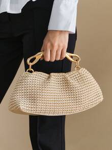 Wovira Ladies Fashion Light Apricot Handbag, Exquisite Hardware Handheld, Vintage Hollow Weave, For Daily, Commuting, Shopping, Vacation, Travel, Bohemian - Apricot - View 1