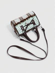 ROMWE 1 Piece Retro Star Polka Dot Handbag, Bow Love Pendant, Lace Decorative Cylinder Bag. - cyan - View 9