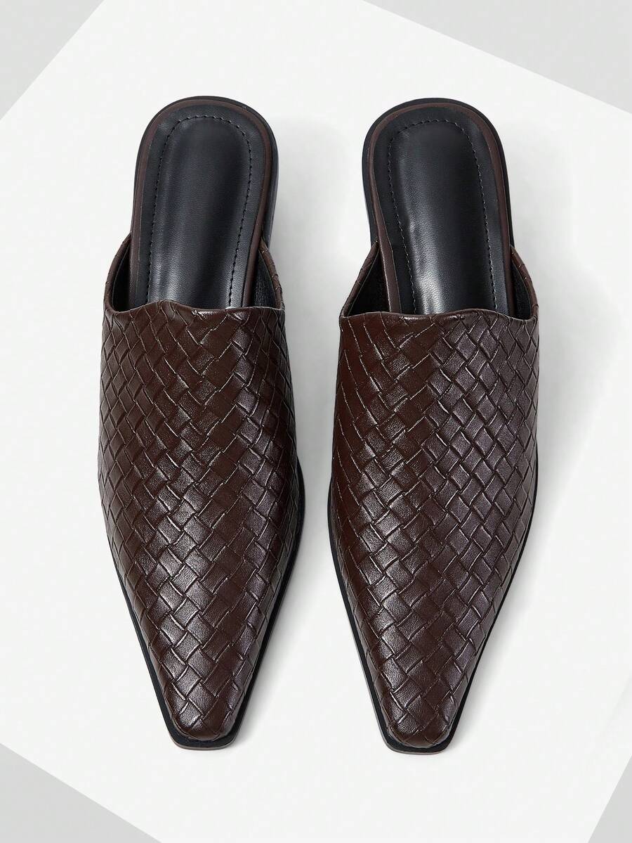 Mnmlis New Woven Pointed Mules Shoes Closed Toe Workplace Commuting Versatile Low Vamp Shoes Fall Shoes - Chocolate color - View 1