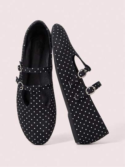CUCCOO DOLLMOD Women's Polka Dot T Strap Double Buckle Flats Black Casual Slip On Ballet Flat Shoes Fall Shoes