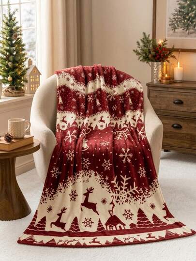 Cirelle Christmas Reindeer Throw Blanket, Red & Cream Nordic Fair Isle Plush Fleece Blanket, Soft Warm Flannel Snowflake Christmas Tree Throw For Couch Sofa Bed, Festive Holiday Home Decor Gifts