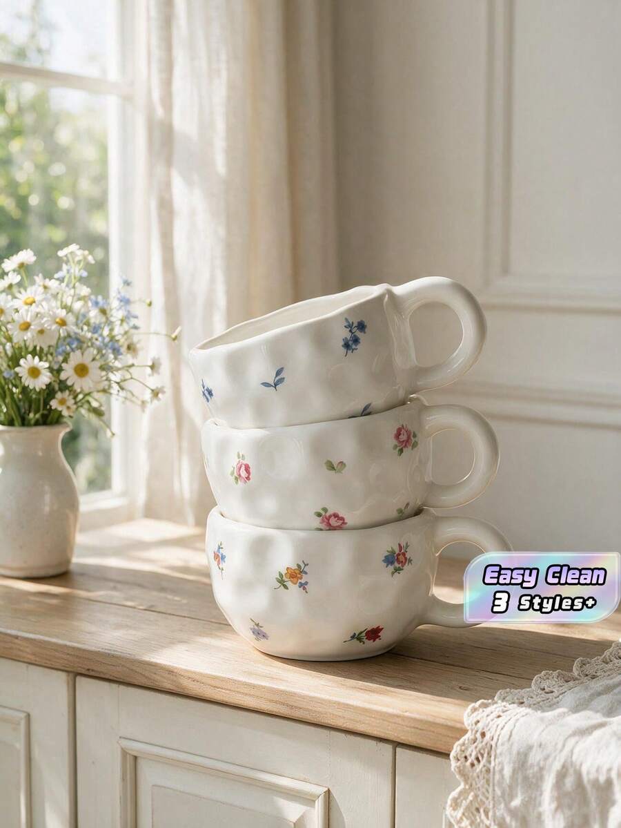 1pc Ins Style Hand-Painted Cup, Asymmetrical Embossed Body, Breakfast Coffee Mug, Girly Desktop Water Cup, Party Afternoon Tea Cup, Red Tea Cup, Large Capacity Water Mug, Coffee Cup