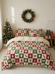 Joivida 3pcs Christmas Grid Duvet Cover Set, Ultra Soft Microfiber Red & Green Checkerboard Bedding Set, Gingerbread Man & Christmas Tree Printed Comforter Cover With 2 Pillowcases For Holiday Bedroom Decor (No Insert) - 4 - View 1