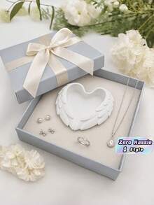 White Angel Wings Jewelry Trinket Dish, 3D Printed Non-Slip Tray For Vanity Sink Countertop, Aesthetic Home Office Desktop Decor - White - View 1