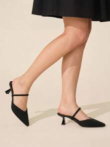 CUCCOO BASICS Ladies Pointed Kitten Heel Black Knitted V-Cut Striped Rear Elastic Band Ladies Rear Empty Shoes Daily Commute Elegant Breathable High Heels - Black - View 3