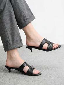 CUCCOO BIZCHIC Black Belt Buckle Hollow Kitten And Sandals, Women's Simple Commuting Slippers - Black - View 1
