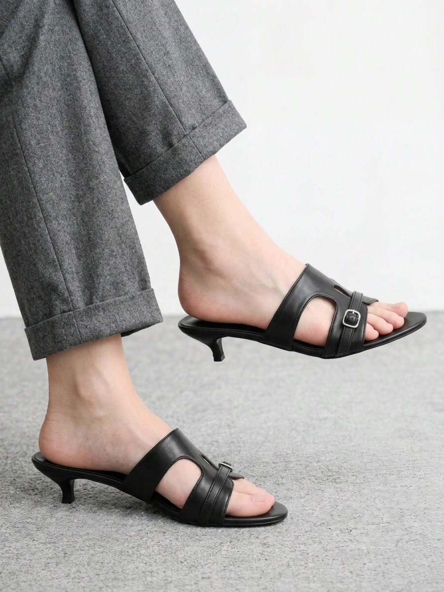 CUCCOO BIZCHIC Black Belt Buckle Hollow Kitten And Sandals, Women's Simple Commuting Slippers - Black - View 1