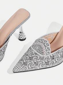 CUCCOO TILAWA Embroidery Sparkling Rhinestone Elegant Elegant Sexy Pointed Women's High Heels - Slip-On Exquisite Design, Using The Design Of Thin Closed Toe - Silver - View 9